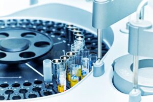 Home closeup modern robotic machine blood centrifugation urinalysis hospital laboratories automatic biochemical analyzer 120183498